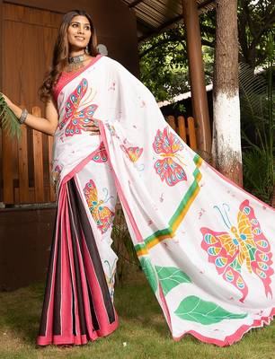 White printed mulmul cotton saree with blouse. 3