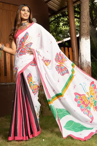 White printed mulmul cotton saree with blouse.