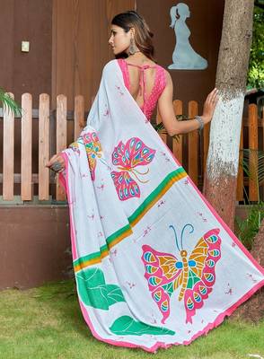 White printed mulmul cotton saree with blouse. 4