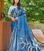 Blue printed mulmul cotton saree with blouse.