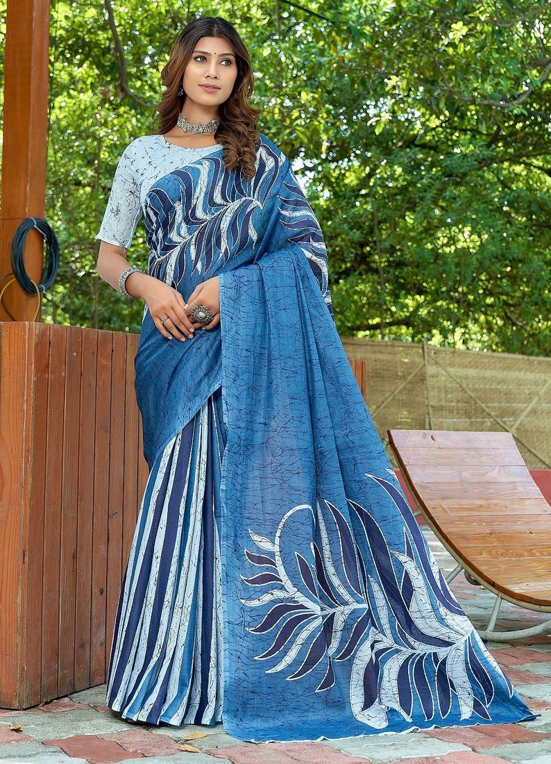 Blue printed mulmul cotton saree with blouse.