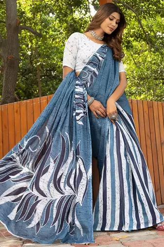 Blue printed mulmul cotton saree with blouse.