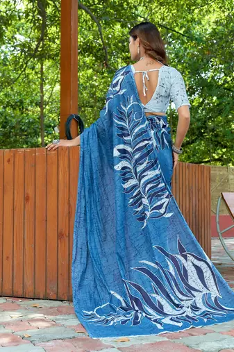 Blue printed mulmul cotton saree with blouse.