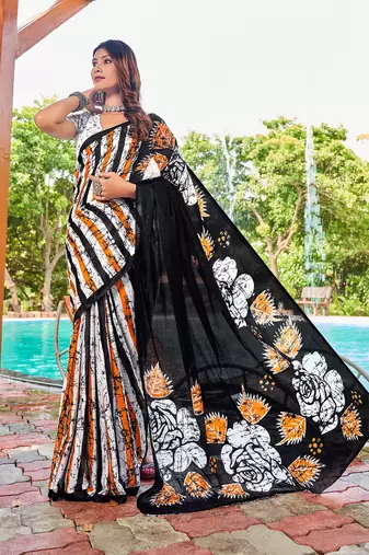 Black printed mulmul cotton saree with blouse.