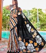 Black printed mulmul cotton saree with blouse.