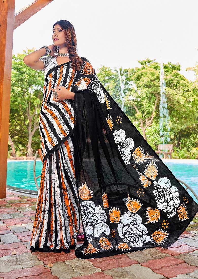 Black printed mulmul cotton saree with blouse.