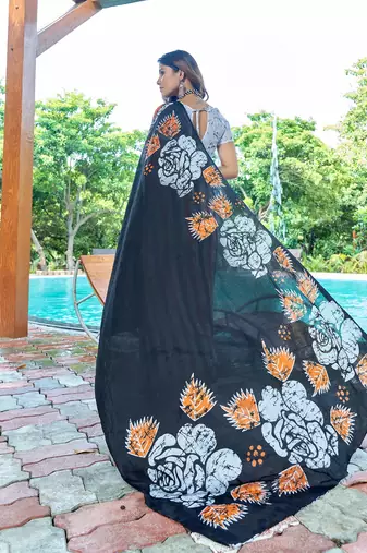 Black printed mulmul cotton saree with blouse.