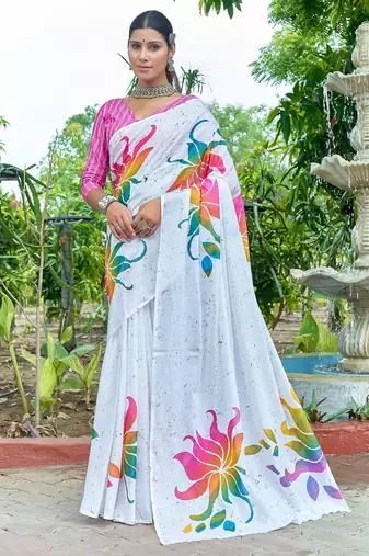 White printed mulmul cotton saree with blouse.
