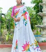 White printed mulmul cotton saree with blouse.