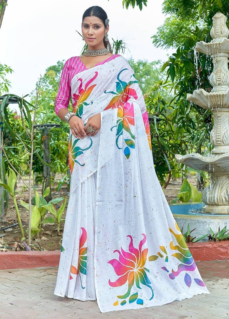 White printed mulmul cotton saree with blouse.