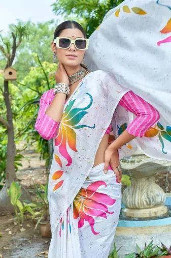 White printed mulmul cotton saree with blouse.