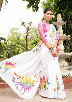 White printed mulmul cotton saree with blouse. 3