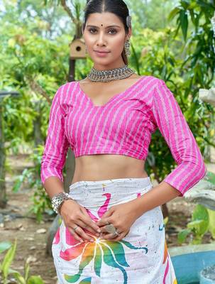 White printed mulmul cotton saree with blouse. 5