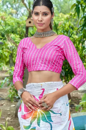 White printed mulmul cotton saree with blouse.