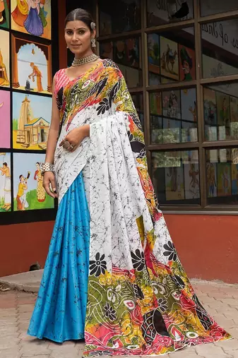 White printed mulmul cotton saree with blouse.