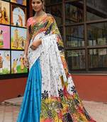 White printed mulmul cotton saree with blouse.