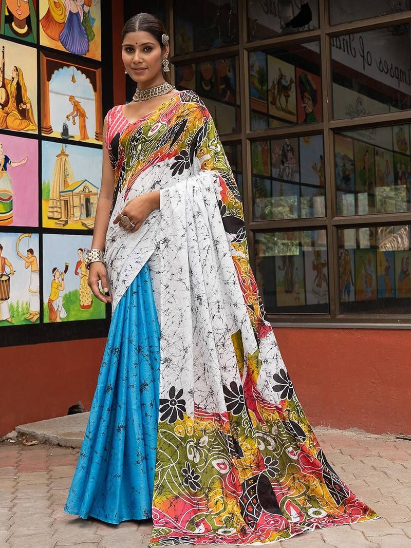 White printed mulmul cotton saree with blouse.
