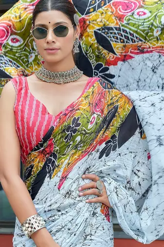 White printed mulmul cotton saree with blouse.
