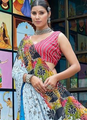 White printed mulmul cotton saree with blouse. 3