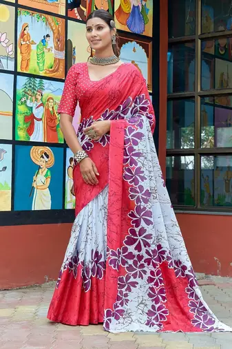 Pink printed mulmul cotton saree with blouse.