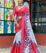 Pink printed mulmul cotton saree with blouse.