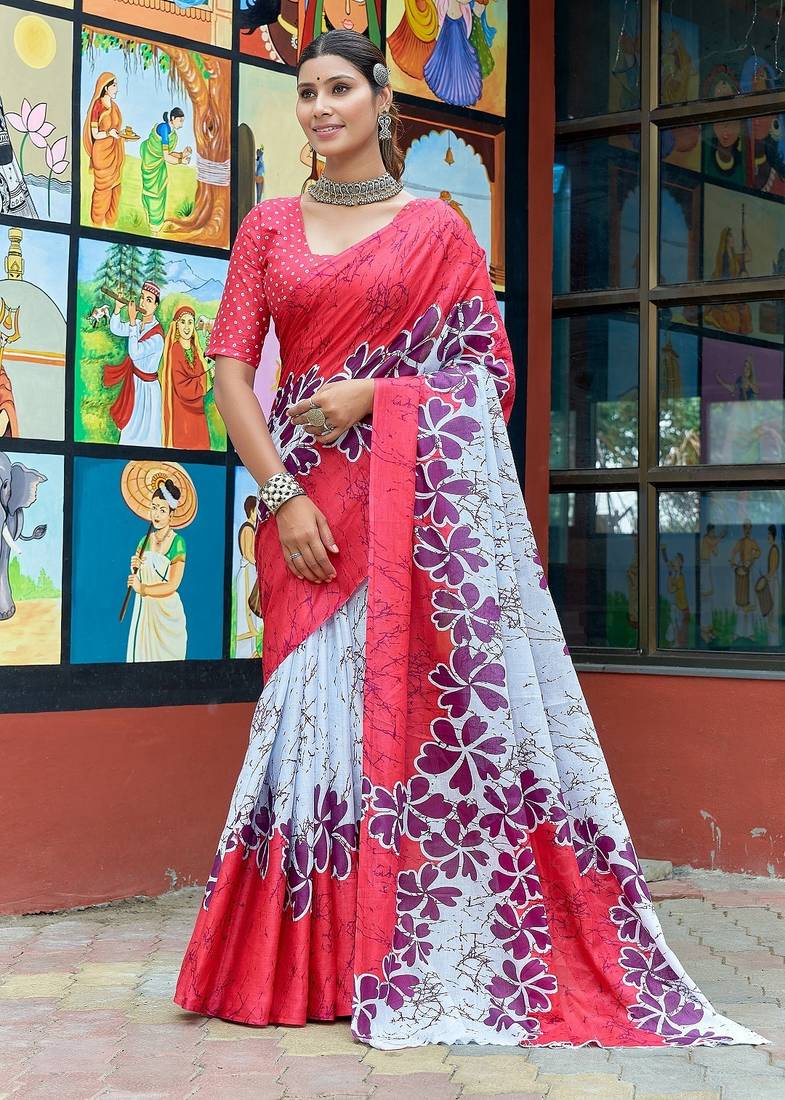 Pink printed mulmul cotton saree with blouse.