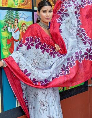 Pink printed mulmul cotton saree with blouse. 2