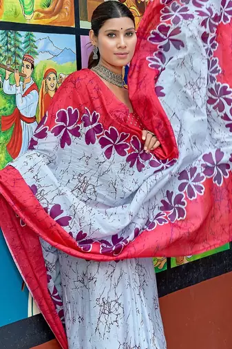 Pink printed mulmul cotton saree with blouse.