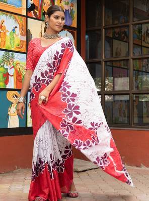 Pink printed mulmul cotton saree with blouse. 3