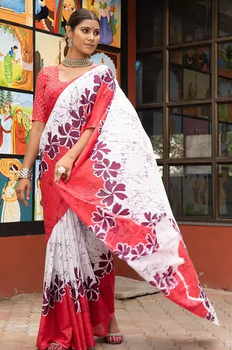 Pink printed mulmul cotton saree with blouse.