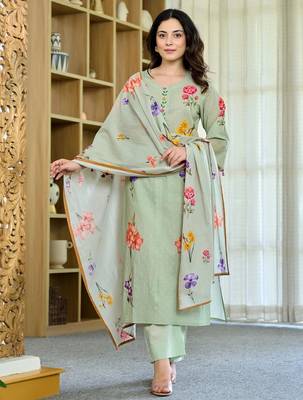 Pista green floral printed chanderi kurta pant set with matching dupatta 2