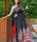 Black printed mulmul cotton saree with blouse.