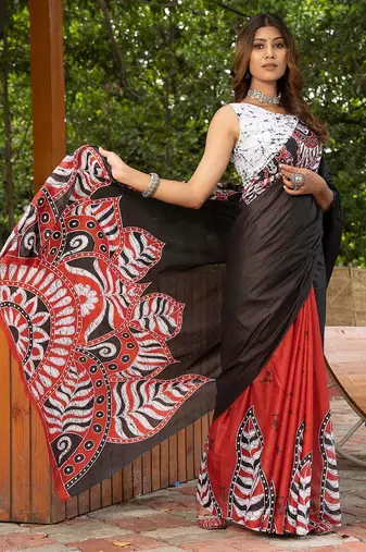 Black printed mulmul cotton saree with blouse.