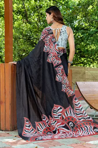 Black printed mulmul cotton saree with blouse.