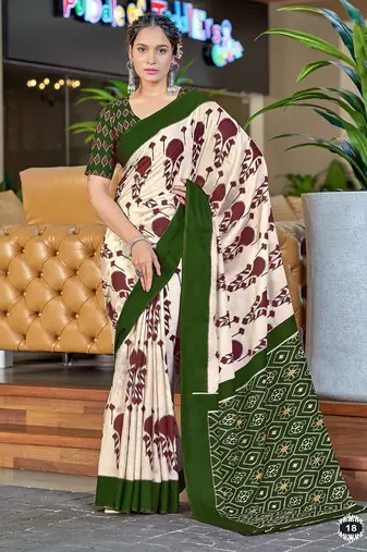 Dark green ikkat, block print soft pure cotton saree with blouse.