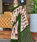 Dark green ikkat, block print soft pure cotton saree with blouse.