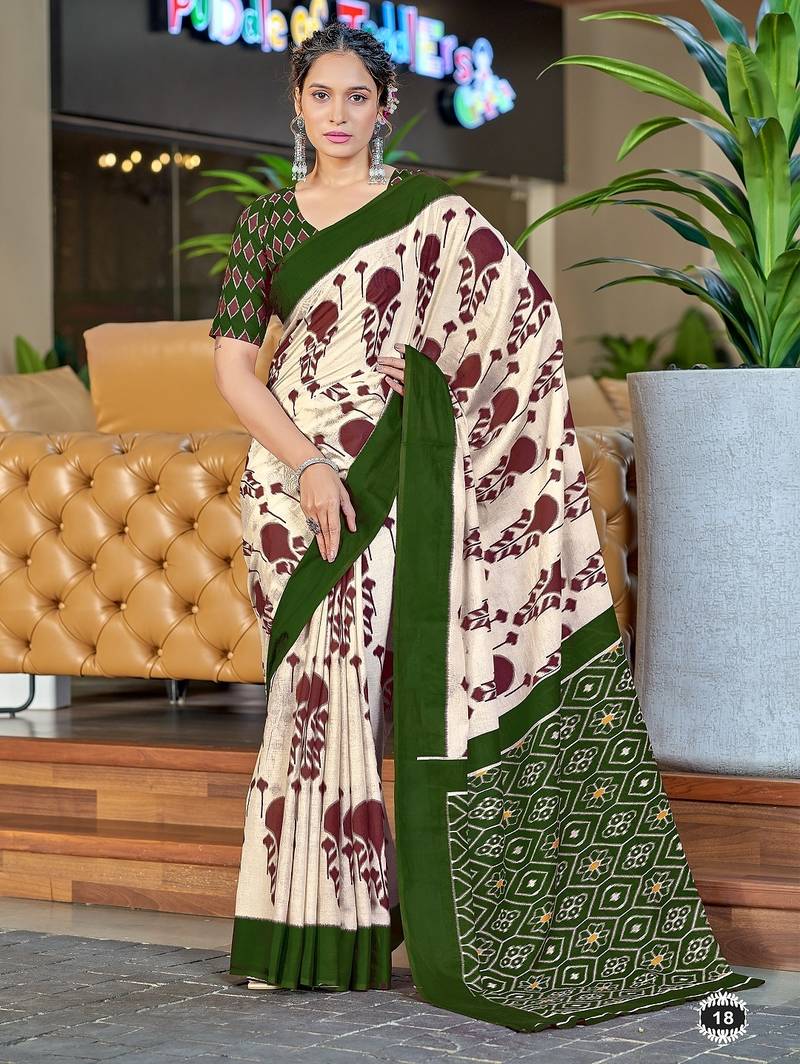 Dark green ikkat, block print soft pure cotton saree with blouse.