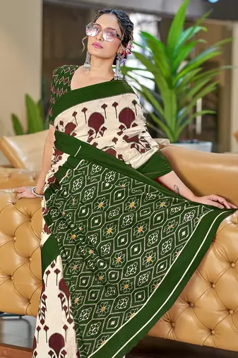 Dark green ikkat, block print soft pure cotton saree with blouse.