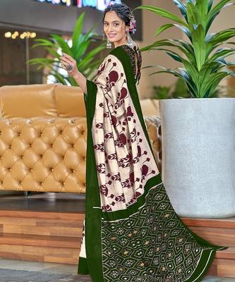 Dark green ikkat, block print soft pure cotton saree with blouse. 3