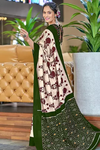 Dark green ikkat, block print soft pure cotton saree with blouse.