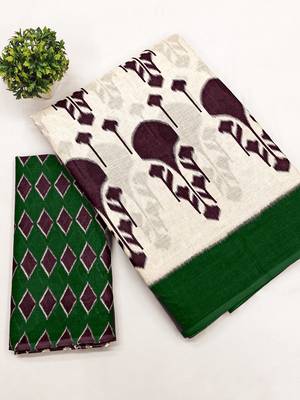 Dark green ikkat, block print soft pure cotton saree with blouse. 4