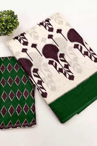 Dark green ikkat, block print soft pure cotton saree with blouse.