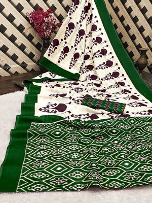 Dark green ikkat, block print soft pure cotton saree with blouse. 5