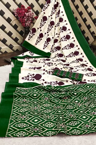 Dark green ikkat, block print soft pure cotton saree with blouse.