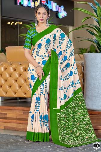 Green ikkat, block print soft pure cotton saree with blouse.