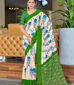 Green ikkat, block print soft pure cotton saree with blouse.