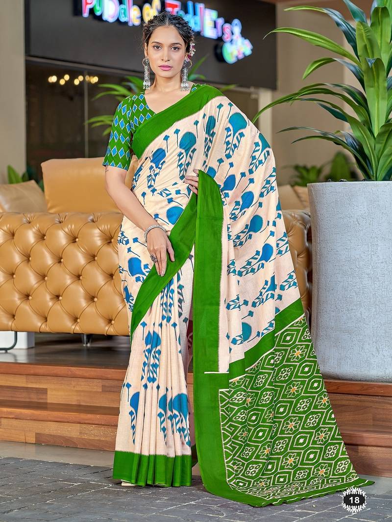 Green ikkat, block print soft pure cotton saree with blouse.