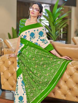 Green ikkat, block print soft pure cotton saree with blouse. 2