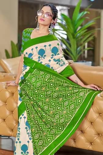 Green ikkat, block print soft pure cotton saree with blouse.