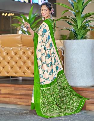 Green ikkat, block print soft pure cotton saree with blouse. 3